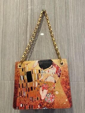 Gold Art-Print Shoulder Bag with Klimt-Inspired Design